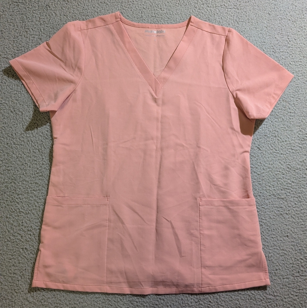 Mandala EquaTek Women`s Pink Short Sleeve V Neck 6 Pocket Medical Scrub Top Sz S